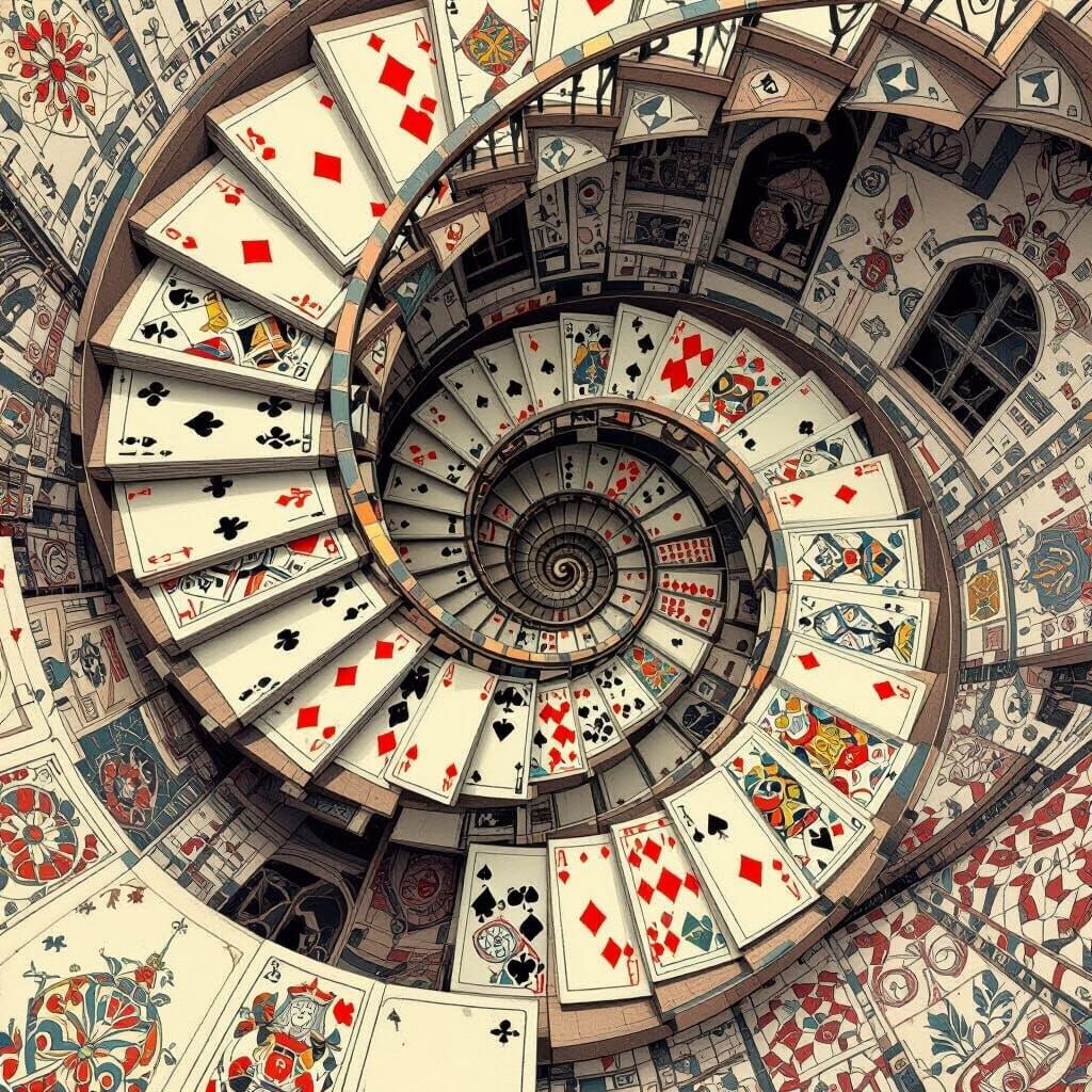 a winding endless and spiral staircase made of a deck of cards  by @slayswifti