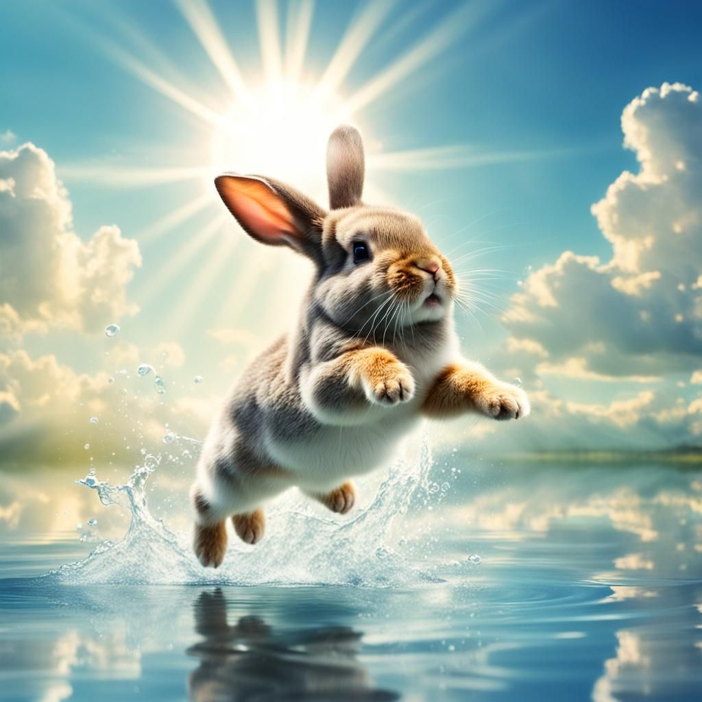 Bunny jumping on water  by @Doggiemaster