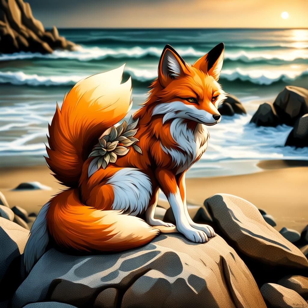 A kitsune sitting on a rock at the beach.