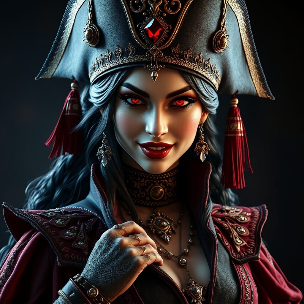 the vampire pirate queen, head and shoulders portrait, with red eyes and fangs, 8k resolution concept ...  by @Ratso