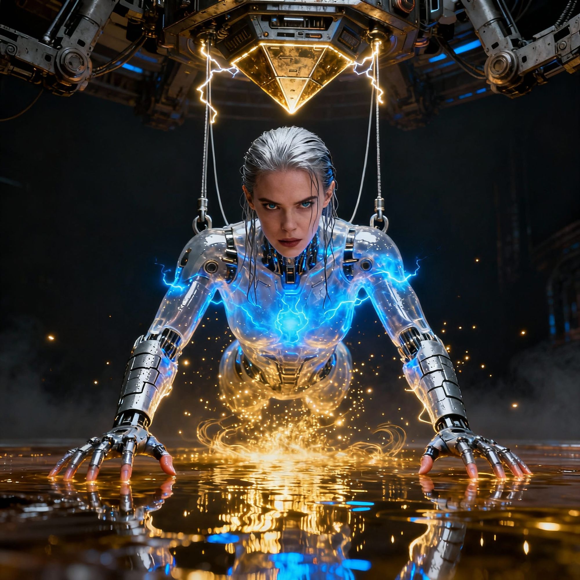 A hyperrealistic glowing cyborg woman hanging from cables lowering from a futuristic machine computer inverted dieselpunk pyramid on a high ...
