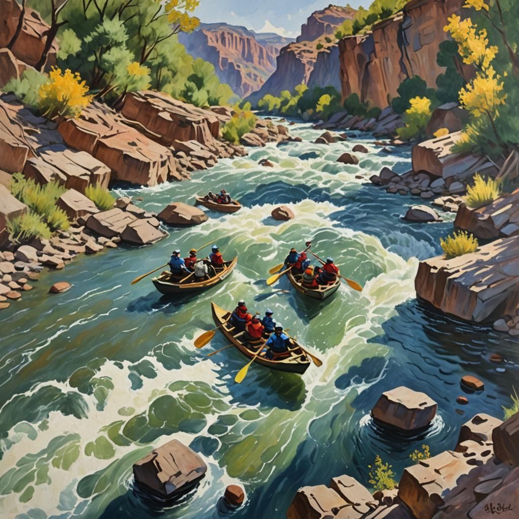 a claude monet painting of a rafters in the rapids of the co...