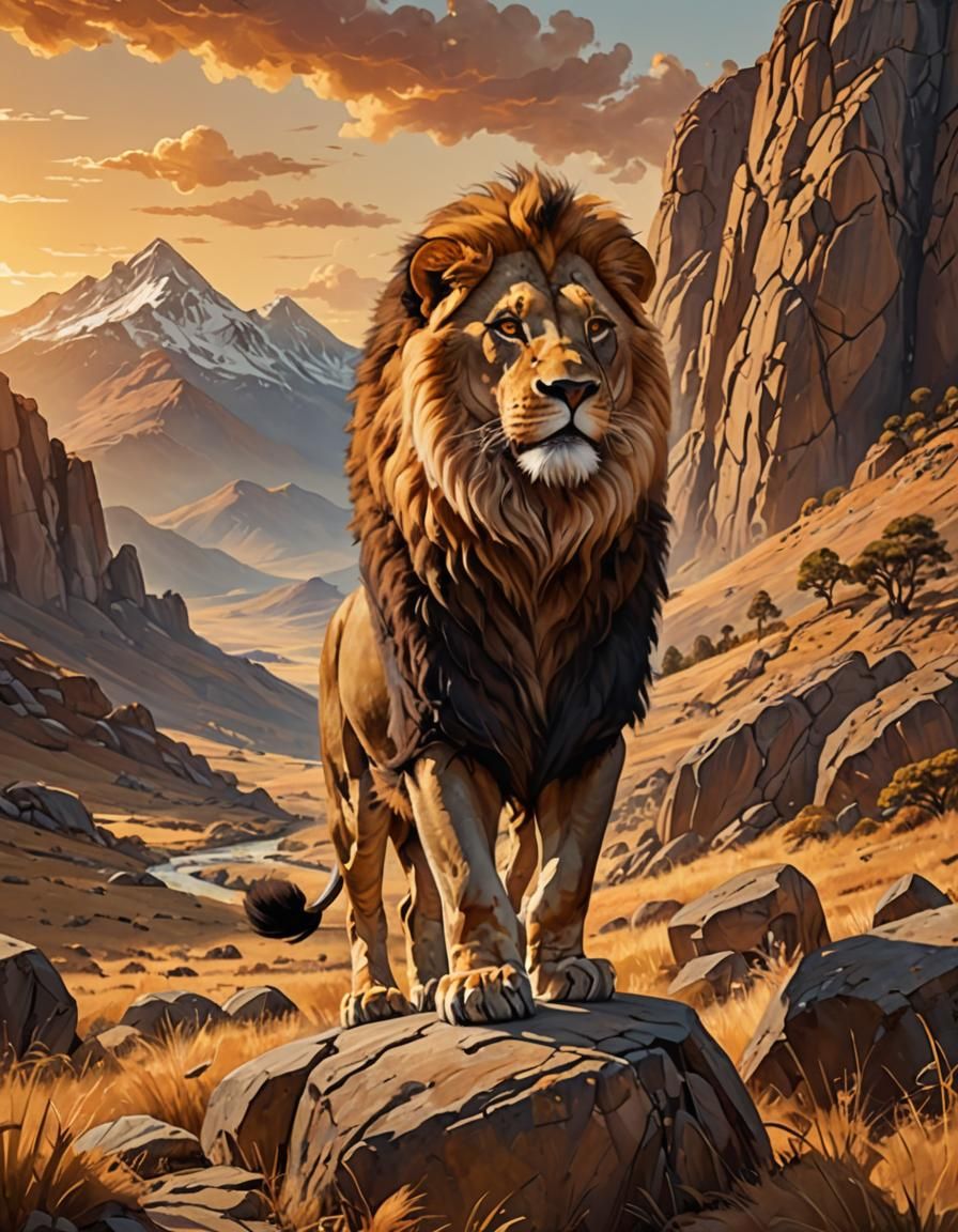 Lion in Mountain Landscape: Vibrant Oil Painting