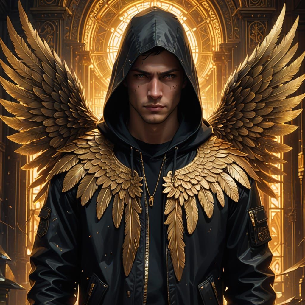 Cyberpunk Angel: Hooded Figure with Golden Wings