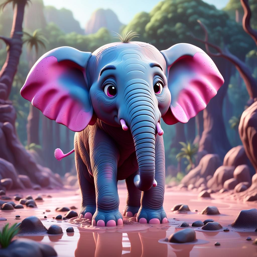 cartoon like elephant with pink ears covered in mud