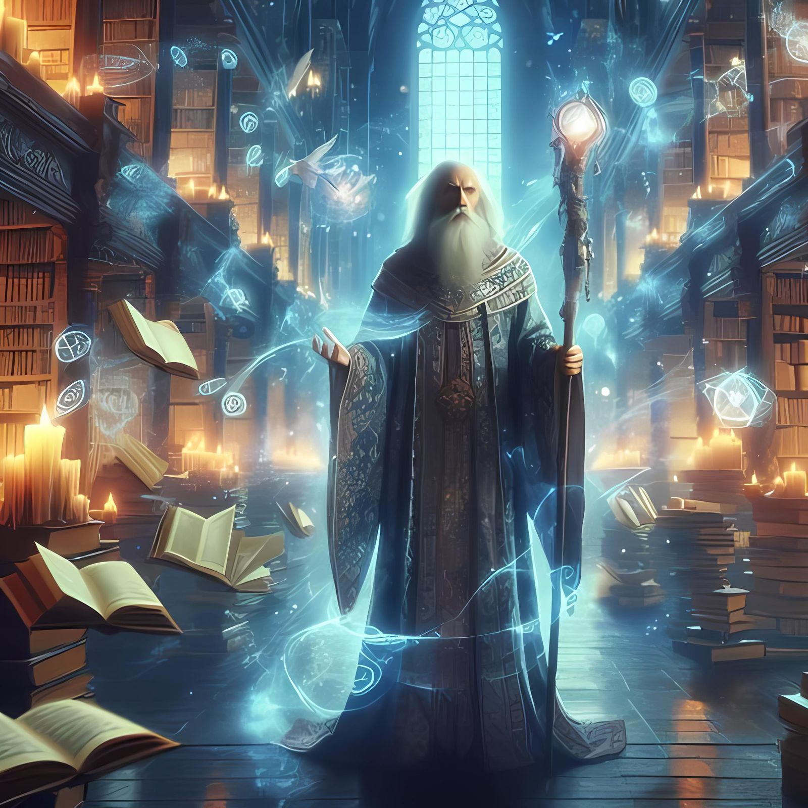 Create an image of an enigmatic sorcerer standing in a grand, ancient ...