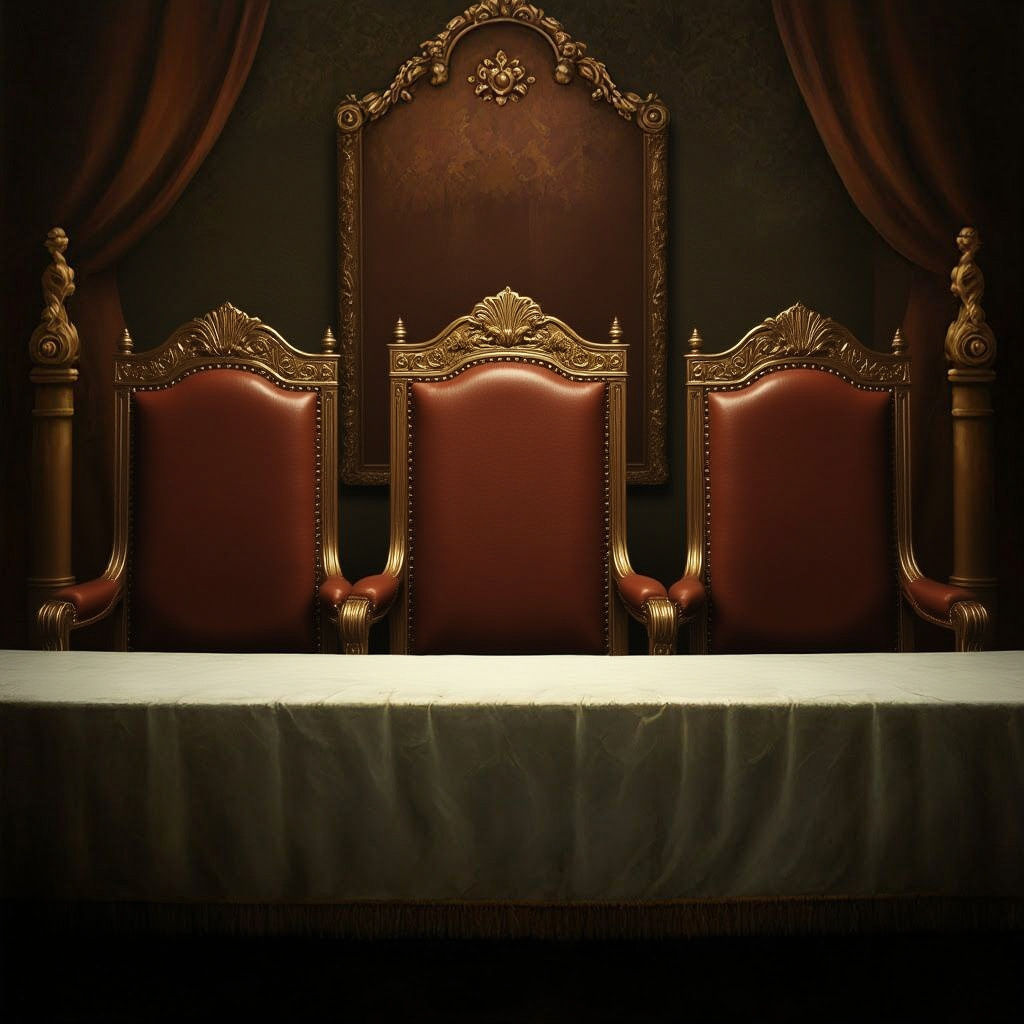 Four bearded Hasidic rabbis, wearing black hats and coats, sit at a magnificent and ornate royal table. Dramatic chiaroscuro lighting illumi...