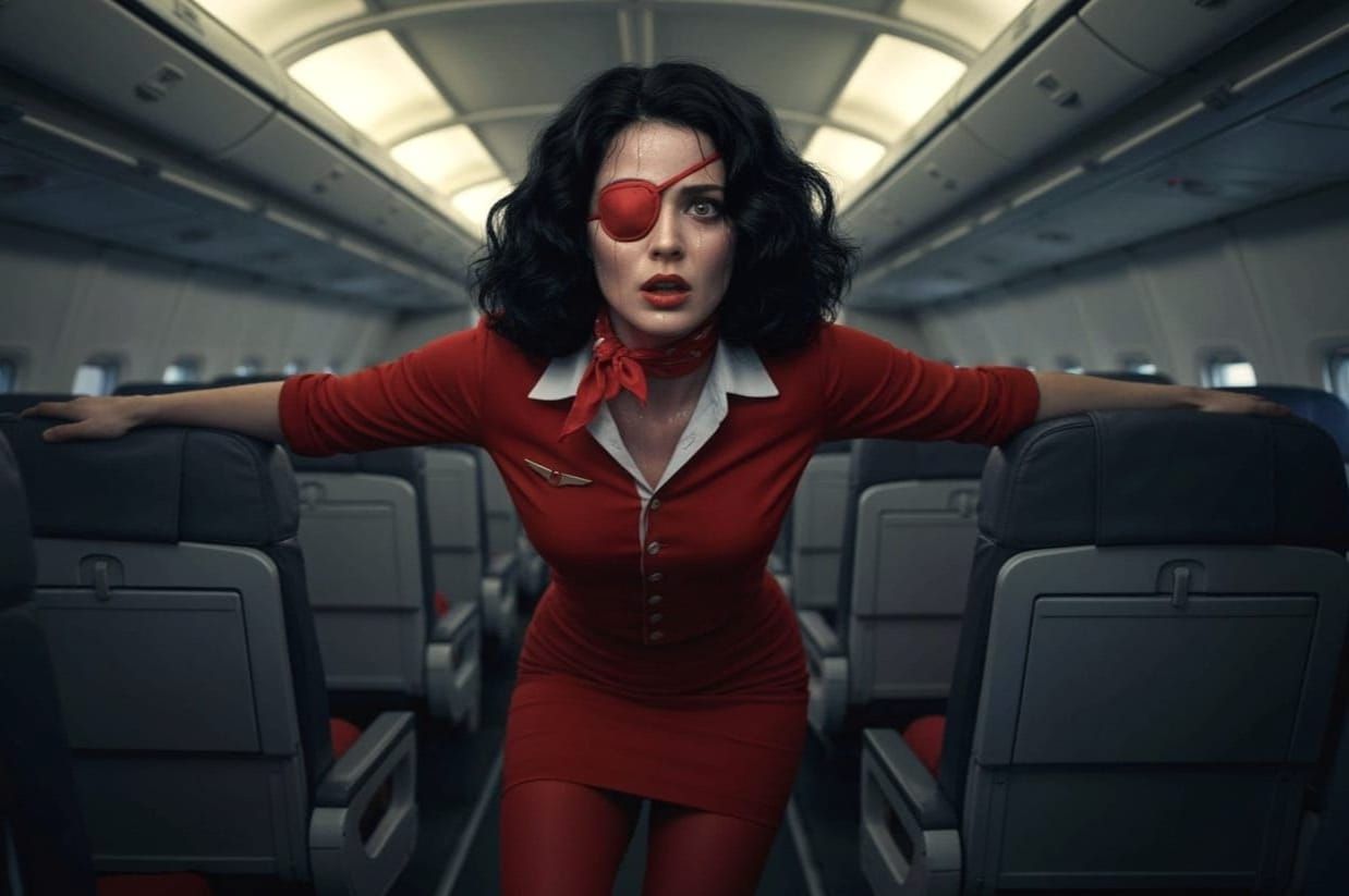 Gorgeous female flight attendant with red eyepatch facing heavy turbulence in a plane