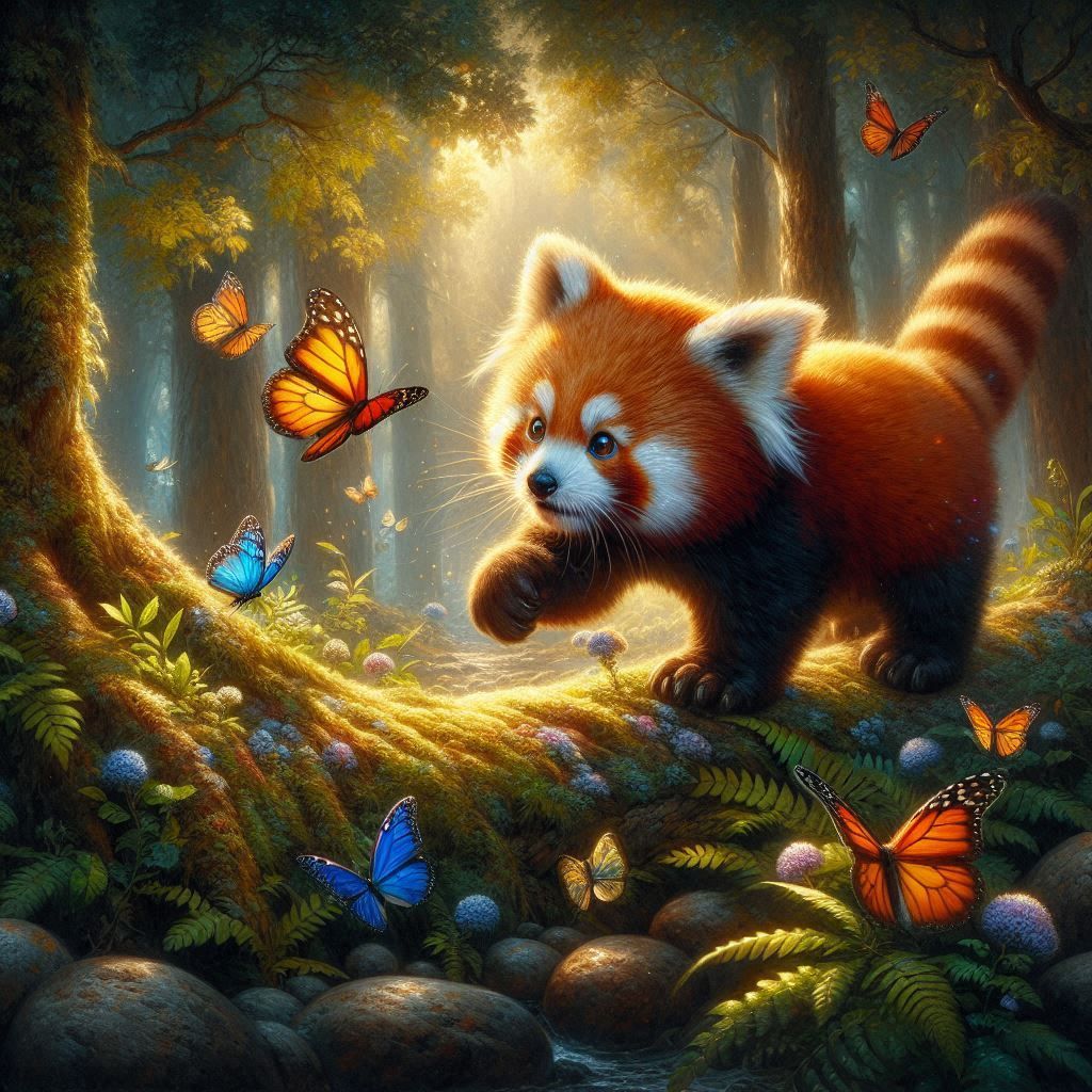 Baby red panda meets butterflies for the first time - AI Generated