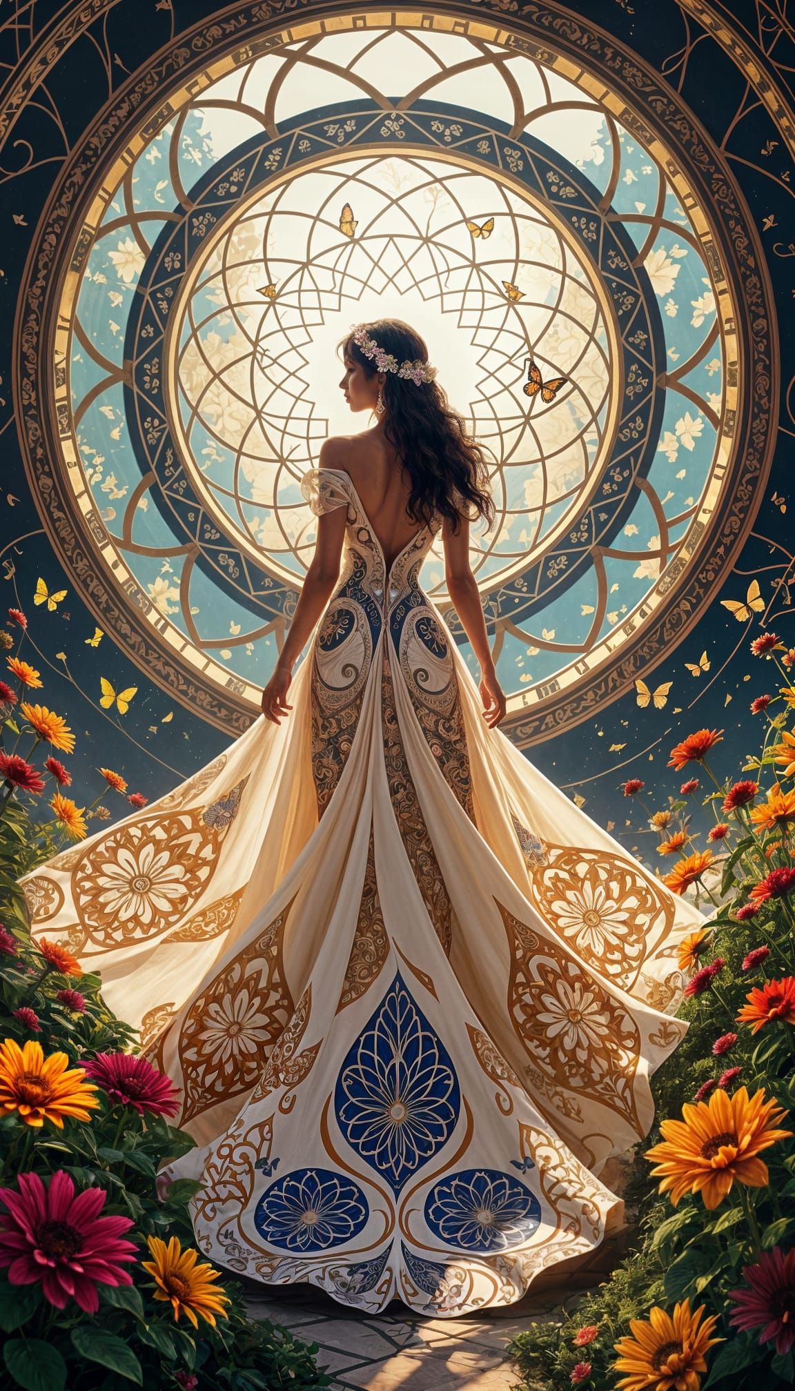 beautiful woman wearing flowing gown adorned with fractal patterns, standing in the heart of an arcology ...  by @tsahel