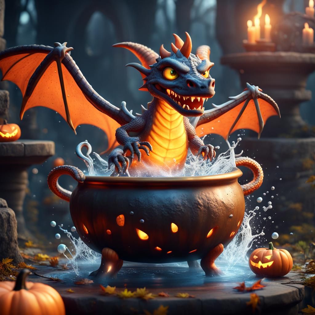Cute Spooky Halloween dragon splashing in a witch's cauldron