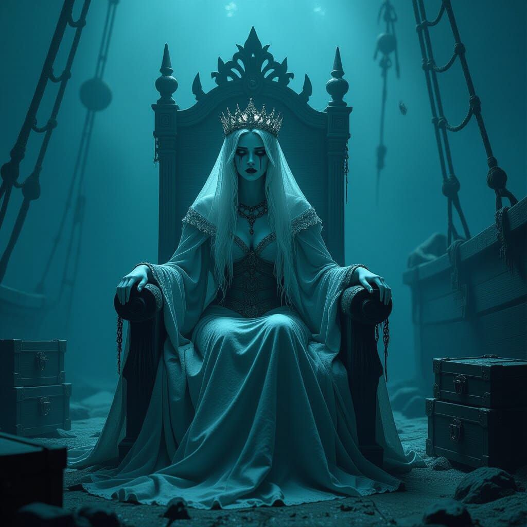 Ghost Queen on Sunken Throne, Dark Fantasy Art