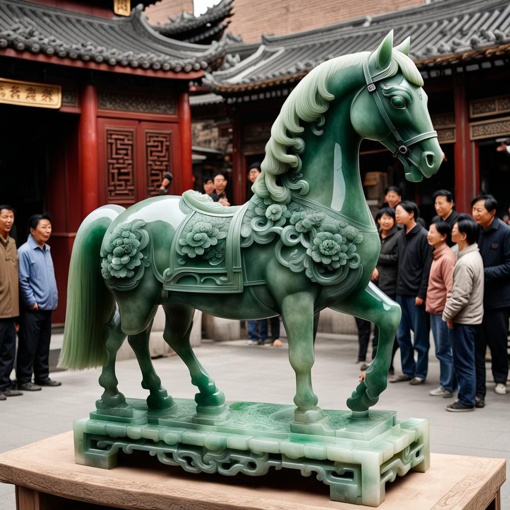 Intricately detailed jade carving of a full-sized horse on a...