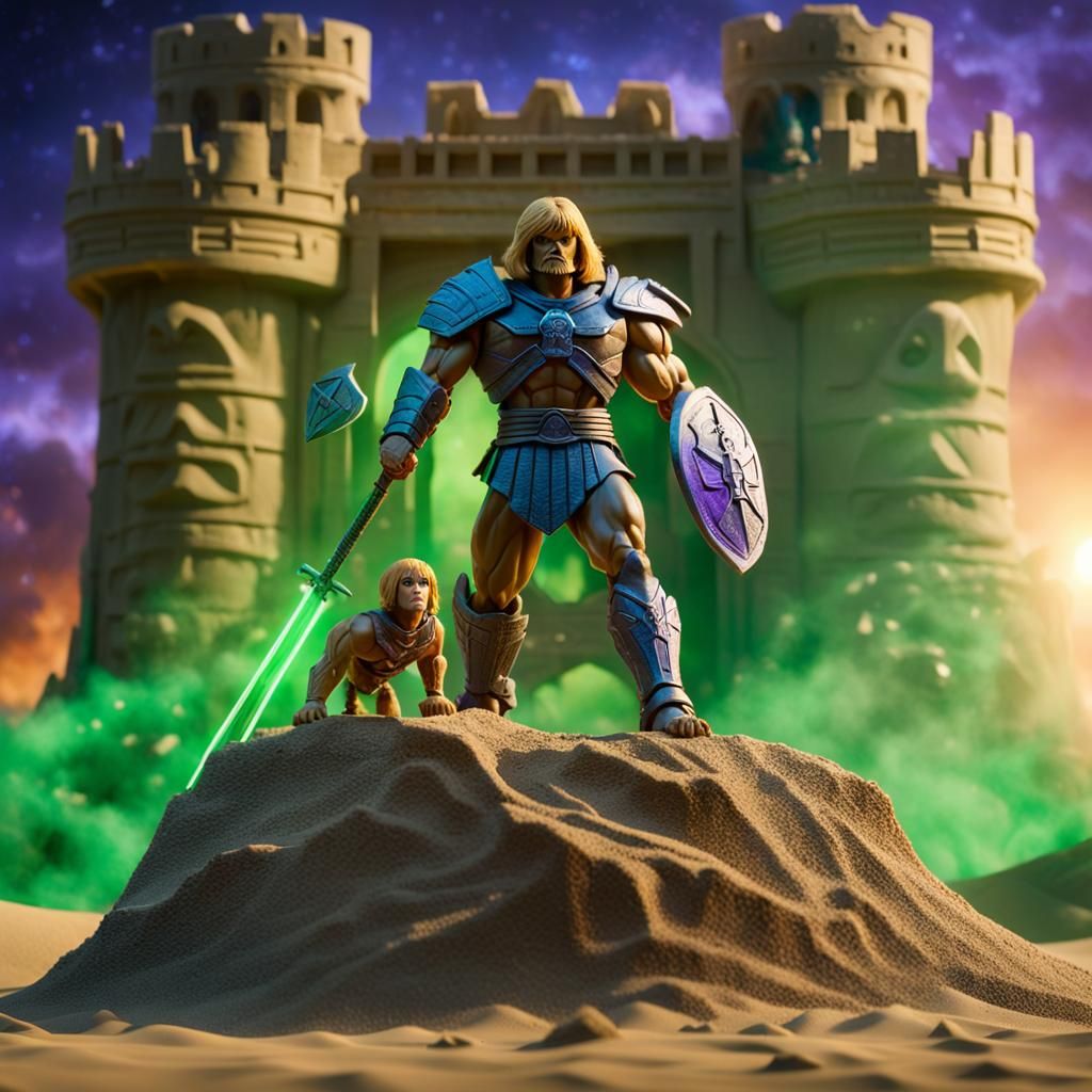 the He-man figure, on the back of his green combat tiger, fa...
