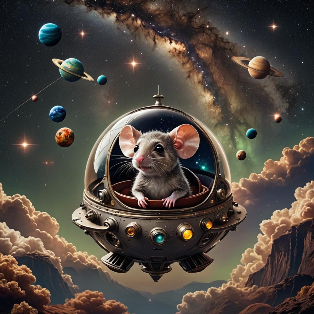 Photograph, hyperreal, alien mouse in mini spaceship flying ...