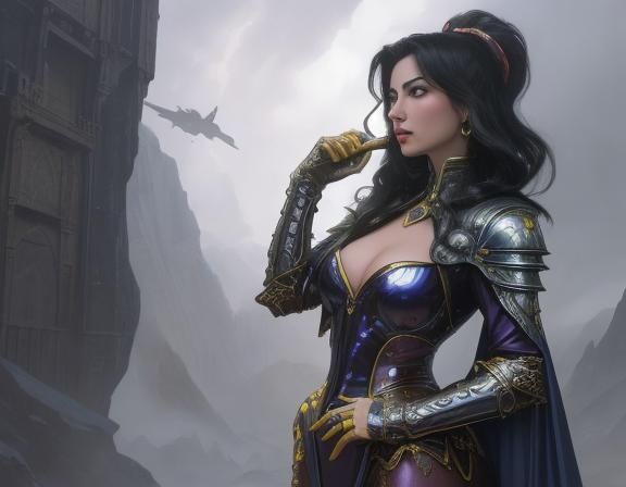 full body shot of a female paladin protagonist of an alien w...