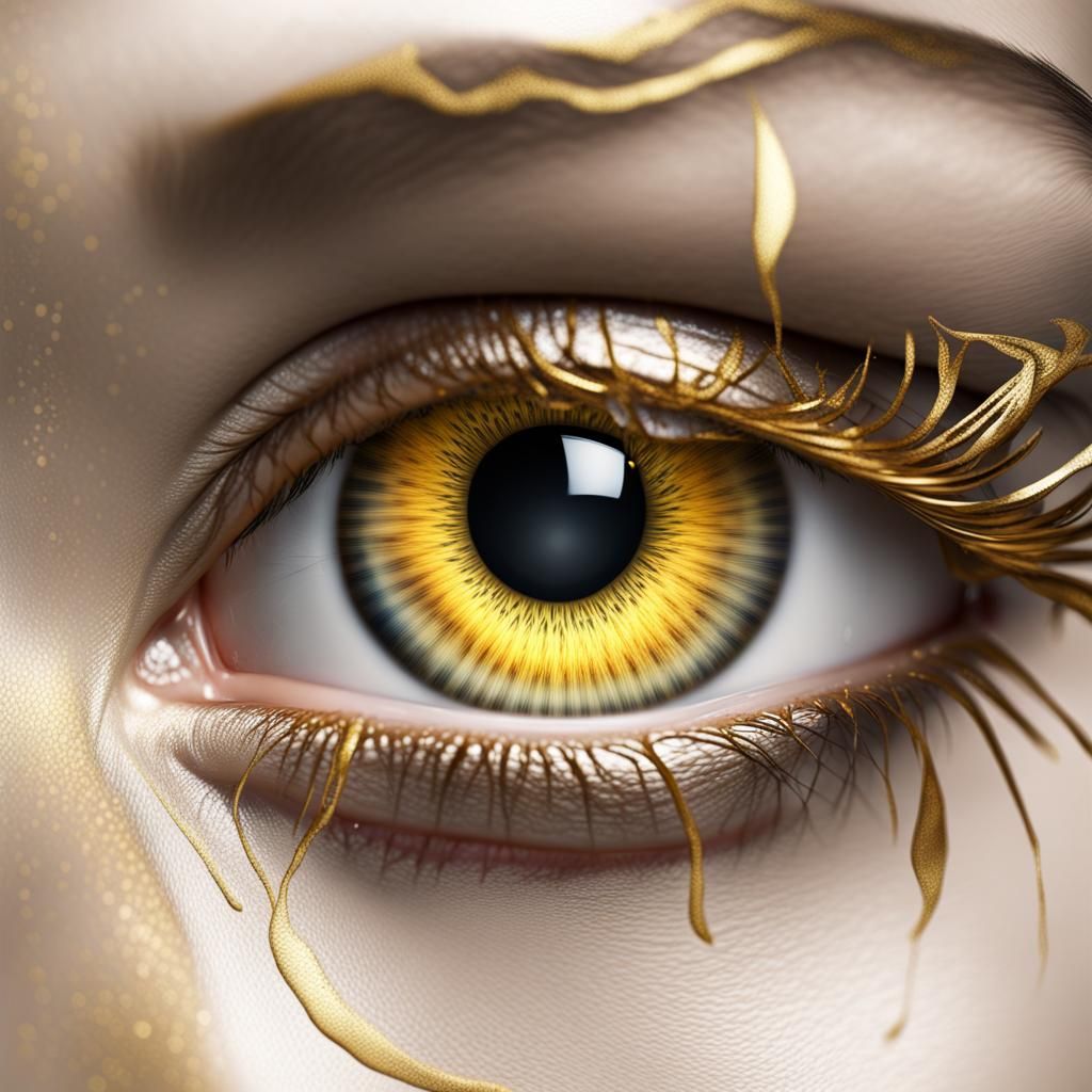beautiful woman inside a macro eye iris grey ,gold specs ,3d