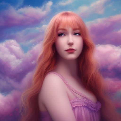 a strawberry blonde woman in the sky surrounded by plush clo...