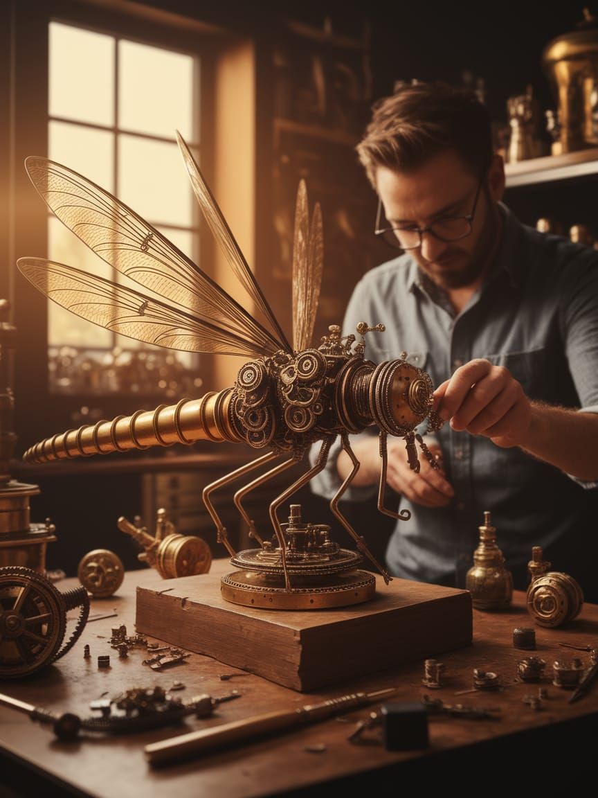 A steampunk inventor piecing together a fantasy art style machine in the form of a dragonfly in a workshop ...  by @Ima