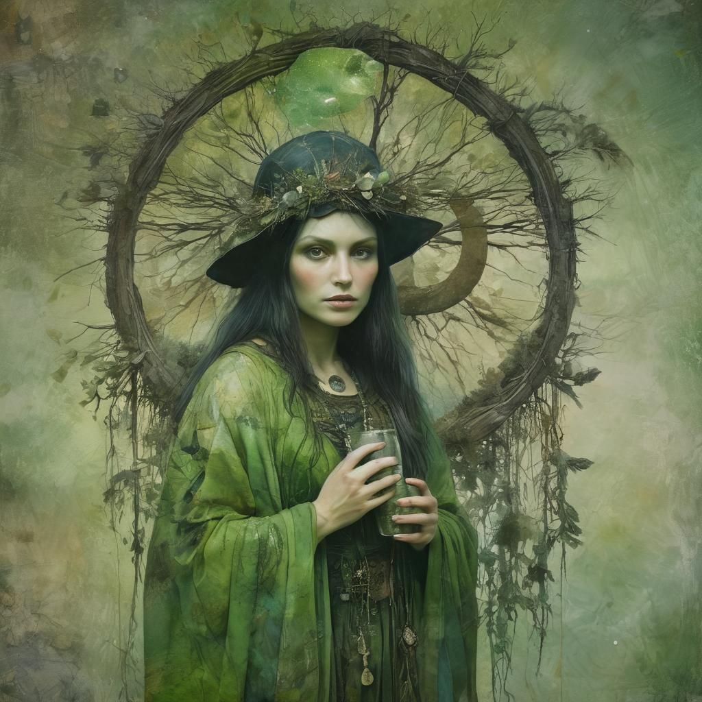 GREEN witch, DRUIDS, LITHA, Stonehenge, / alcohol ink, // double ...