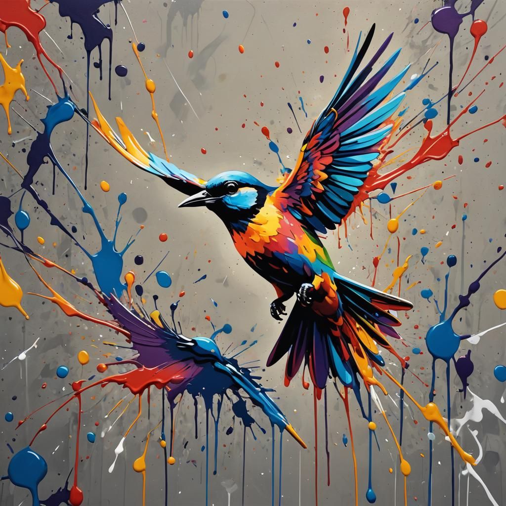 bird taking flight abstract art complementary colors fine details graffiti art, splash art, street art, ...  by @MikeJParis
