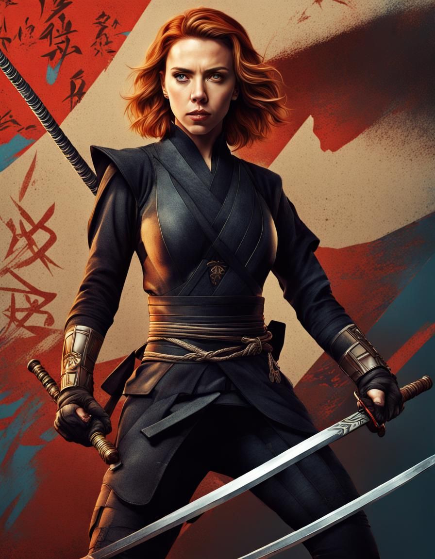 Scarlett Johansson, Natasha Romanoff, Black Widow dressed as a Medieval Japanese ninja in Japan, action scene, Marvel St...