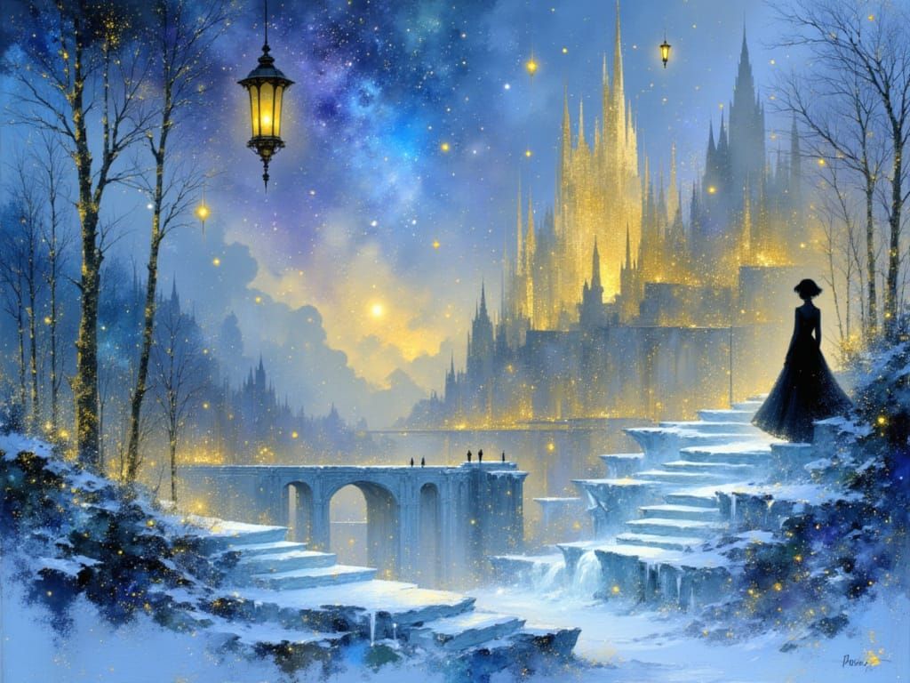 By glory, pino daeni, chalk drawing, watercolor aura brush strokes, snowy cityscape! Intricate painting of a filigree, glowing ice waterfall...