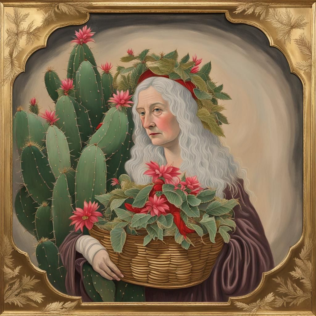 Mother Christmas carrying a Christmas Cactus