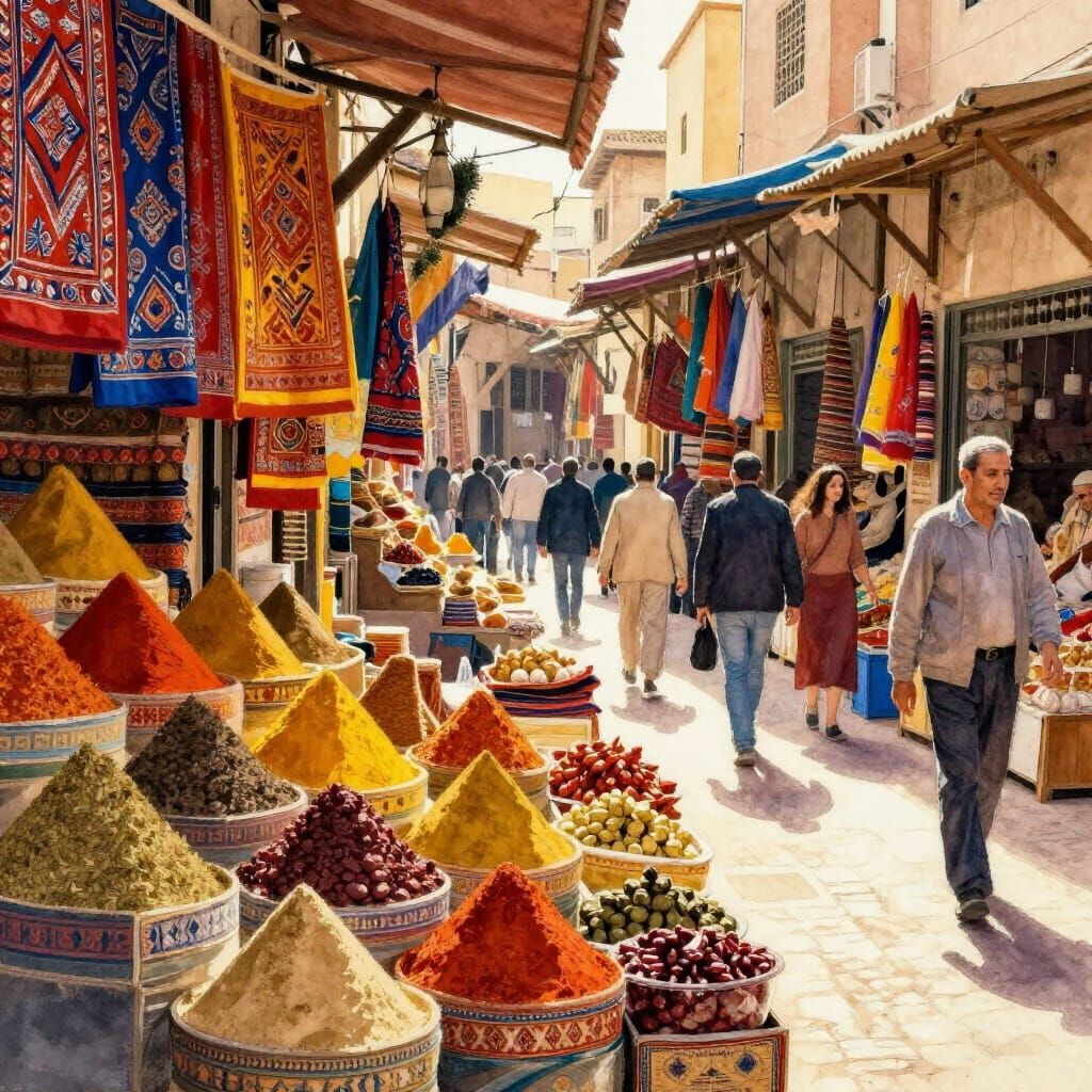 Vibrant Moroccan Marketplace in Watercolor Gouache Style