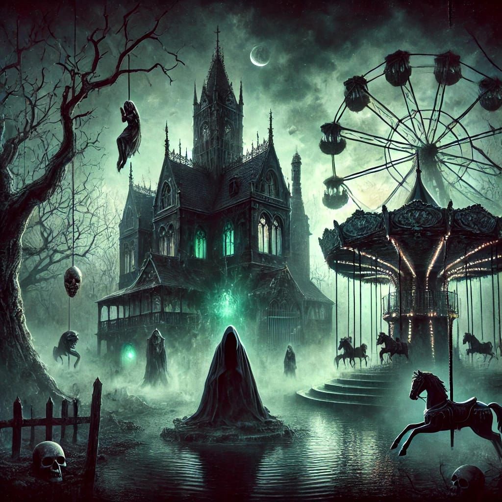 A gothic carnival at the witch's manor, blending eerie charm with necromantic magic. The scene features shadowy rides, g...