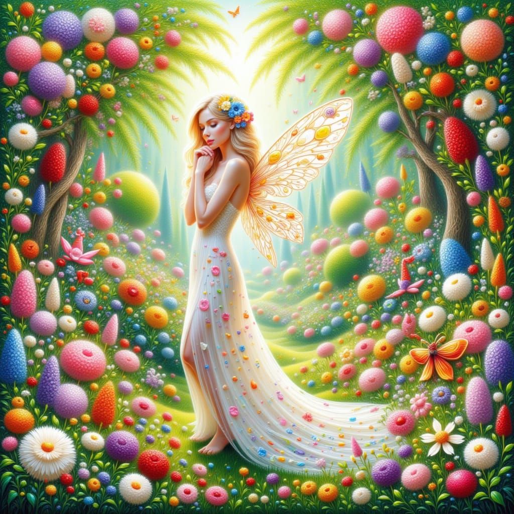 <lora:kak-colorful Impasto:1.0>pale fairy in a colorful garden