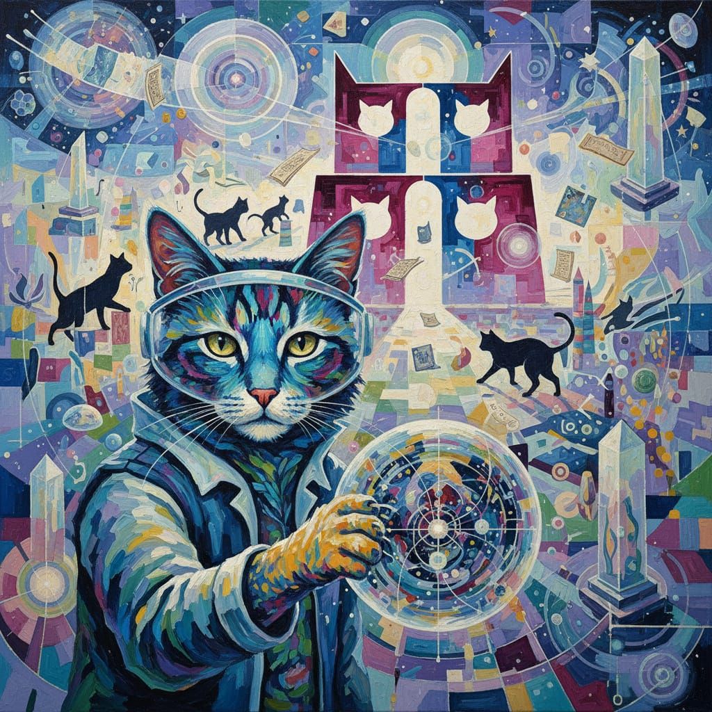 intelligent science cats , mixed media , Papier-mâché , acrylic on canvas , wood pulp , 24k gold leaf , needle felt and slime gel Shellac pa... - Start Image 2