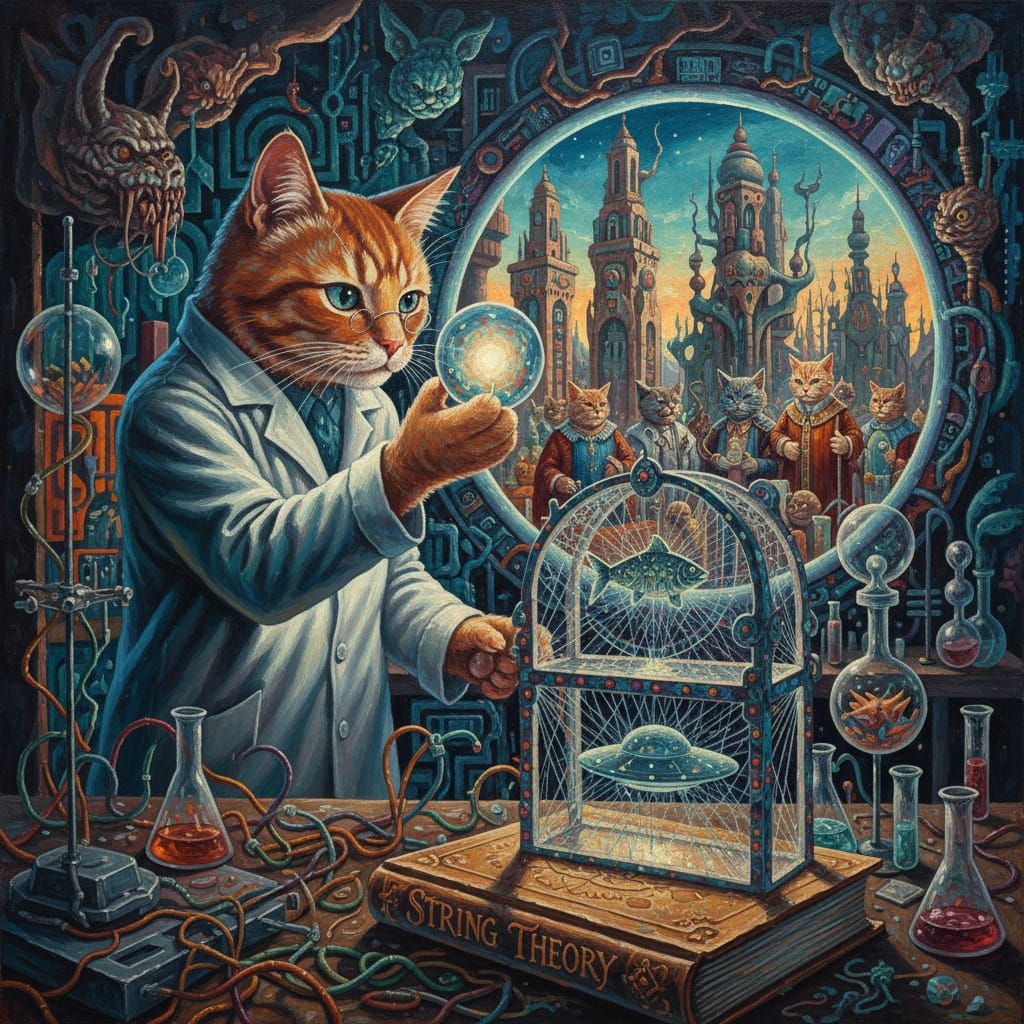 intelligent science cats , mixed media , Papier-mâché , acrylic on canvas , wood pulp , 24k gold leaf , needle felt and slime gel Shellac pa... - Start Image 1