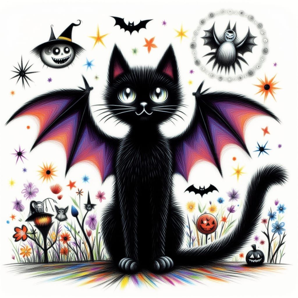 <lora:Black Cat Spooky:1.0> Kid's Drawing of a Black Cat With bat wings