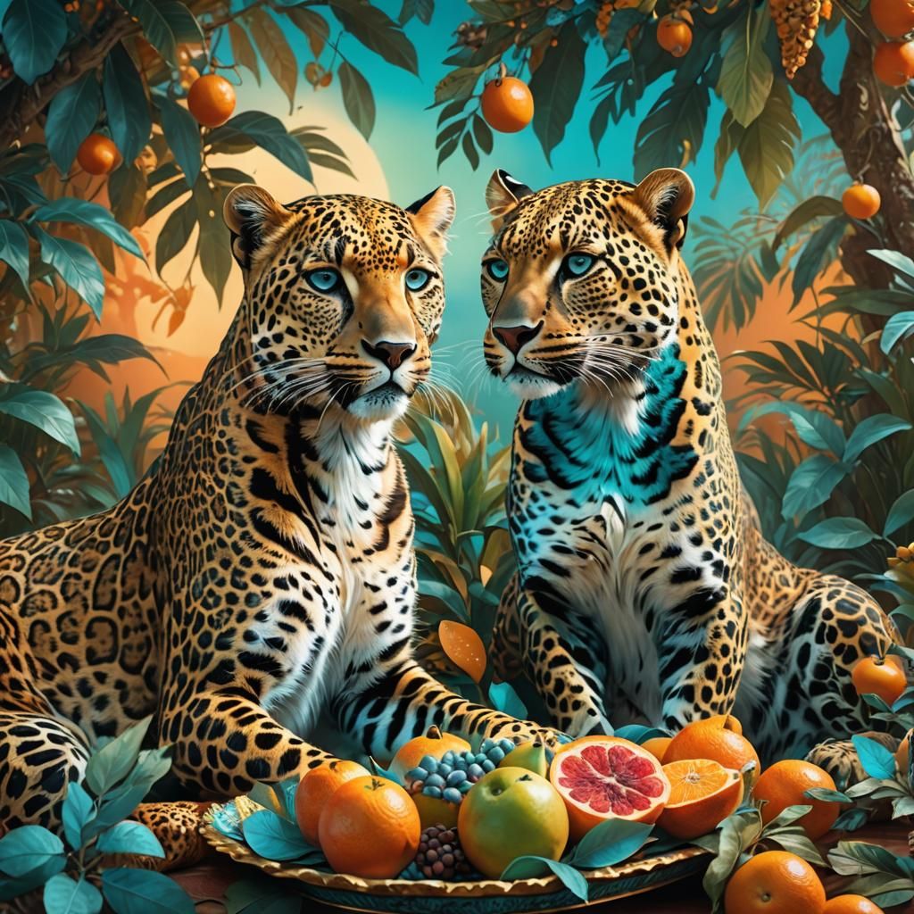 Leopards Feast on Exotic Fruit in Matte Painting