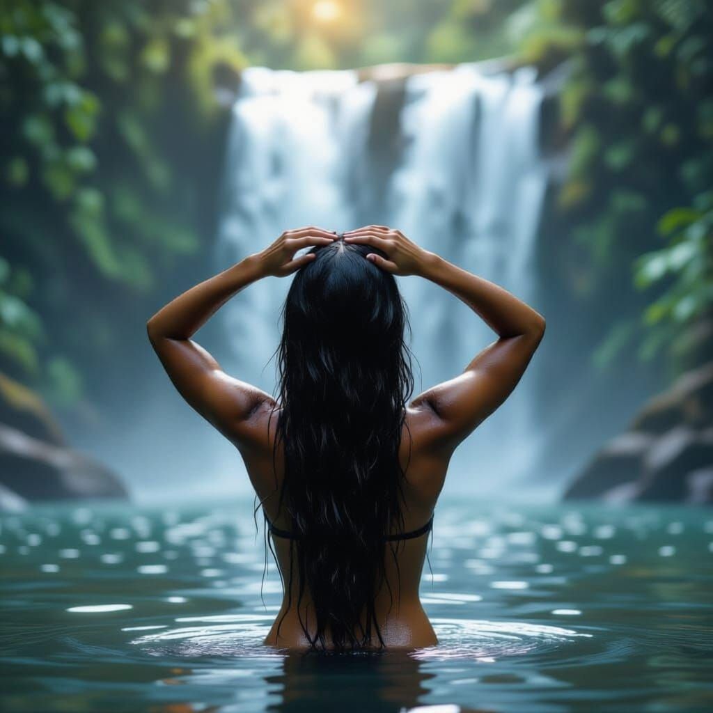 A brown skinned amazon woman with long black hair is standing, under a waterfall in a rain forest. She stands with her back to the viewer, h...