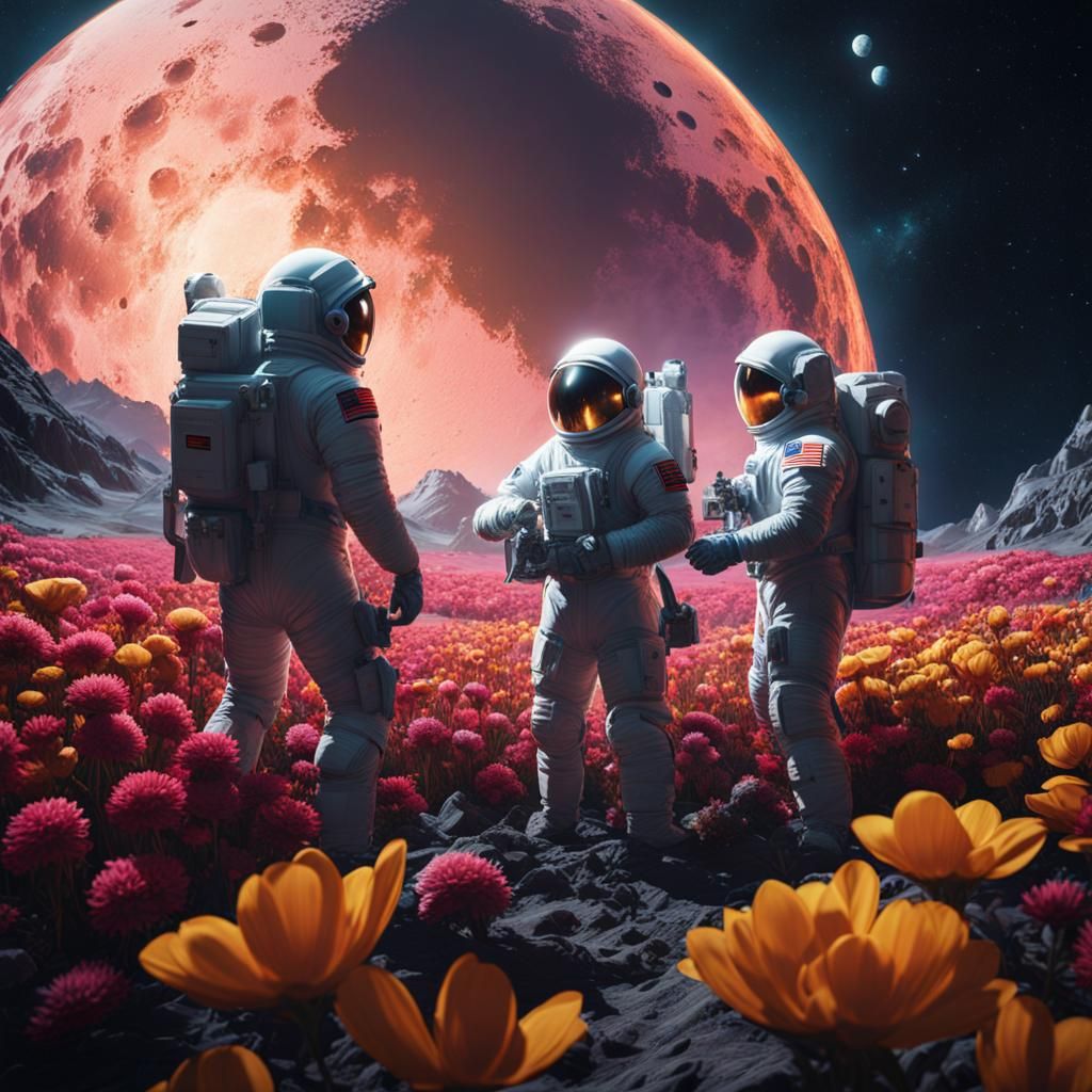 Three men in spacesuits tending to the flowers in a geodesic...