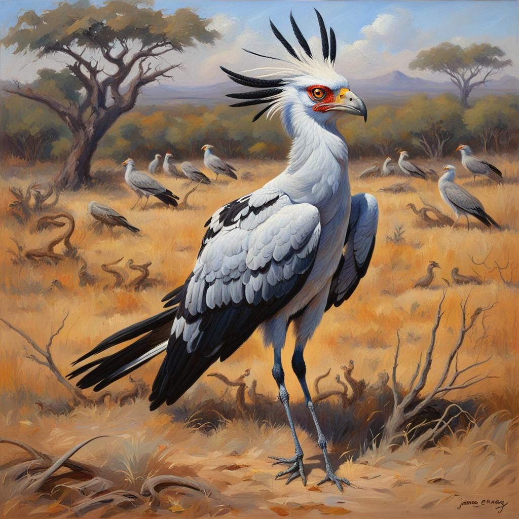 A secretary bird hunting snakes on the savanna.