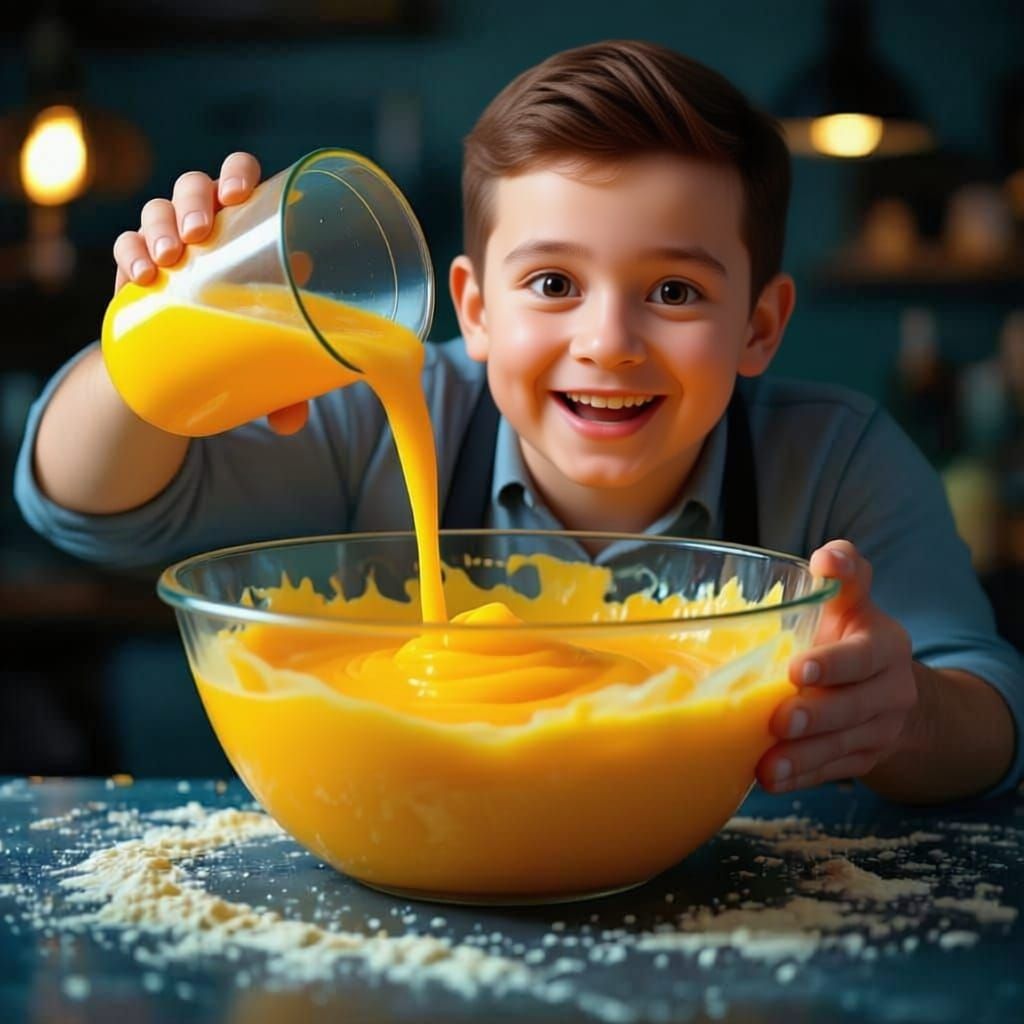 Close-up on the mixing bowl. The batter is a strange, unnatural shade of orange and is sloshing precariously. Barnaby is pouring the juice w...