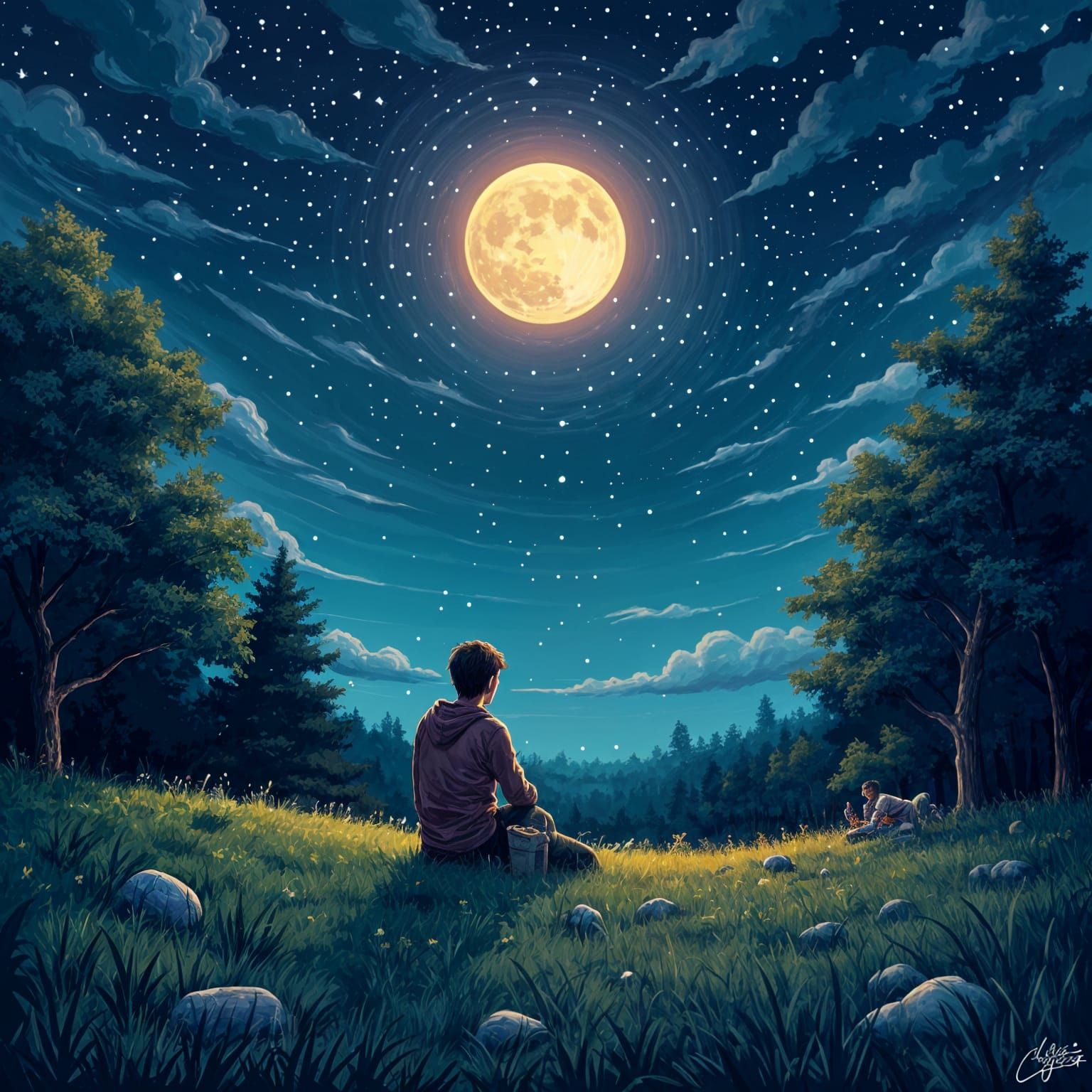 A 2D pixel art scene of a human sitting on a grass field surrounded by trees, gazing at hundreds of shining stars in the night sky. In the m...