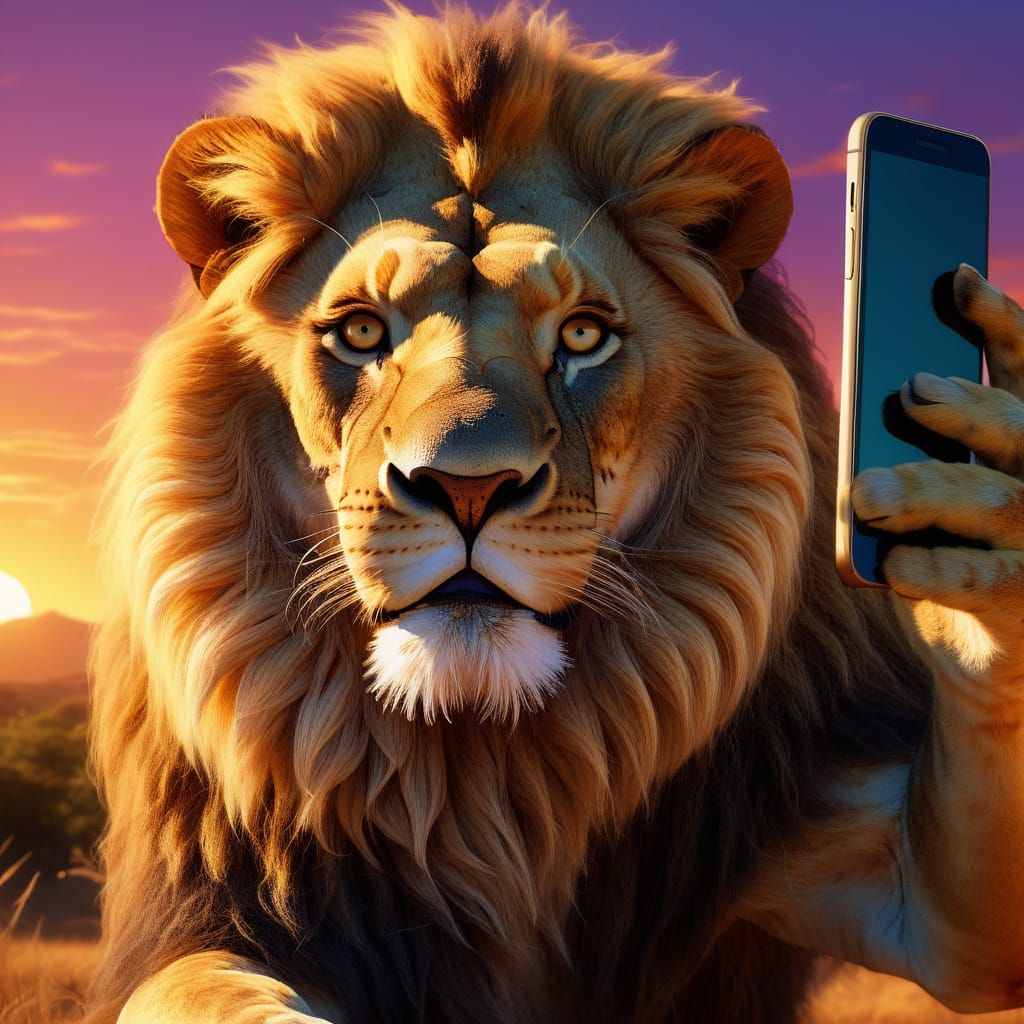 Lion Taking a Selfie on the Savannah at Sunset