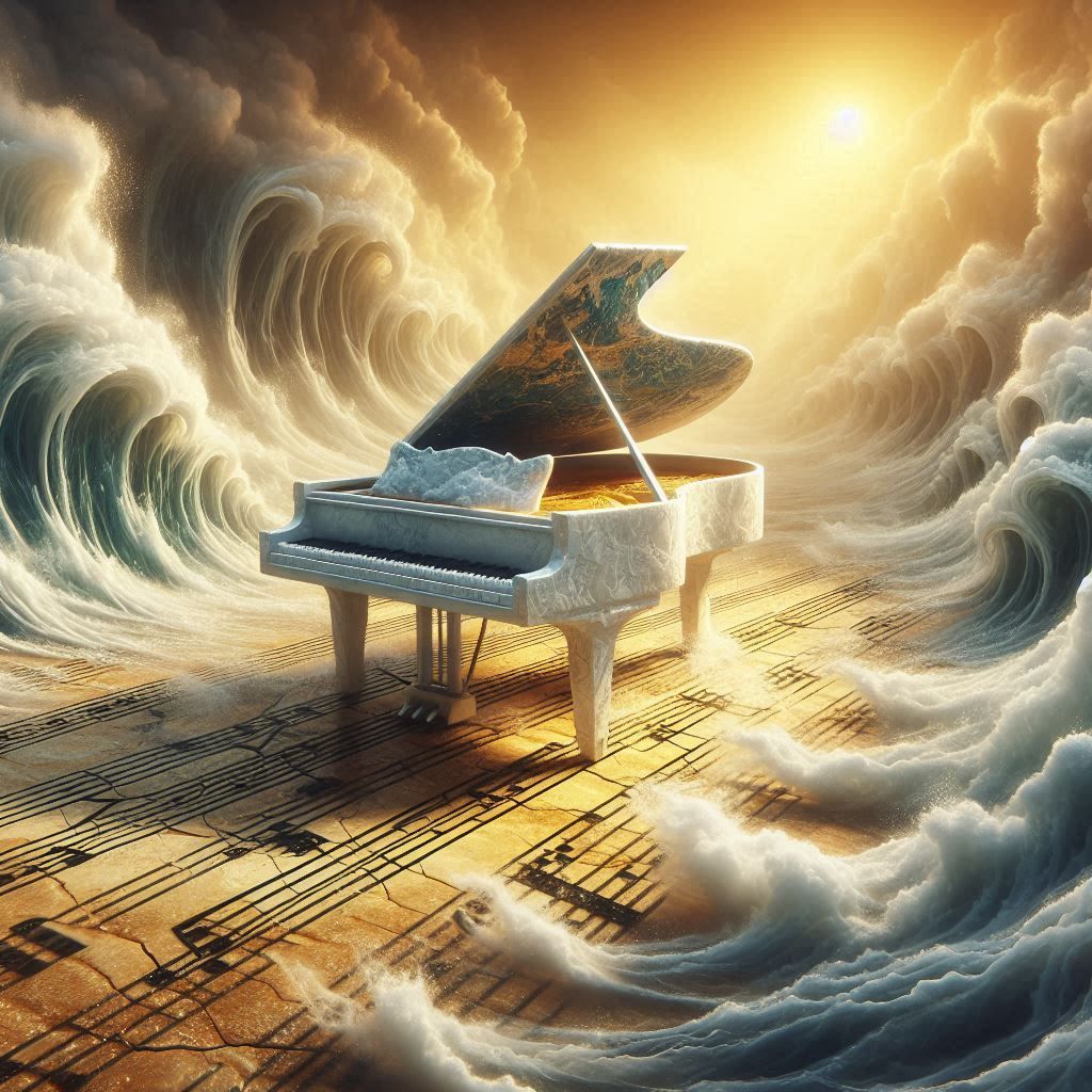 A piano whose keys are formed by waves frozen in motion.