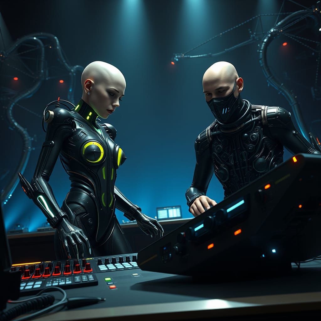 A striking cyberpunk-inspired scene of a woman with a shaved...