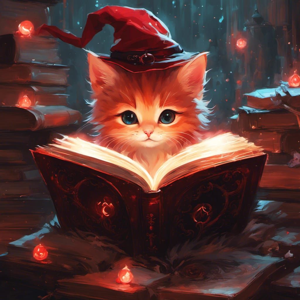 A whimsical adorable cute baby chibi fluffy red witch kitten...