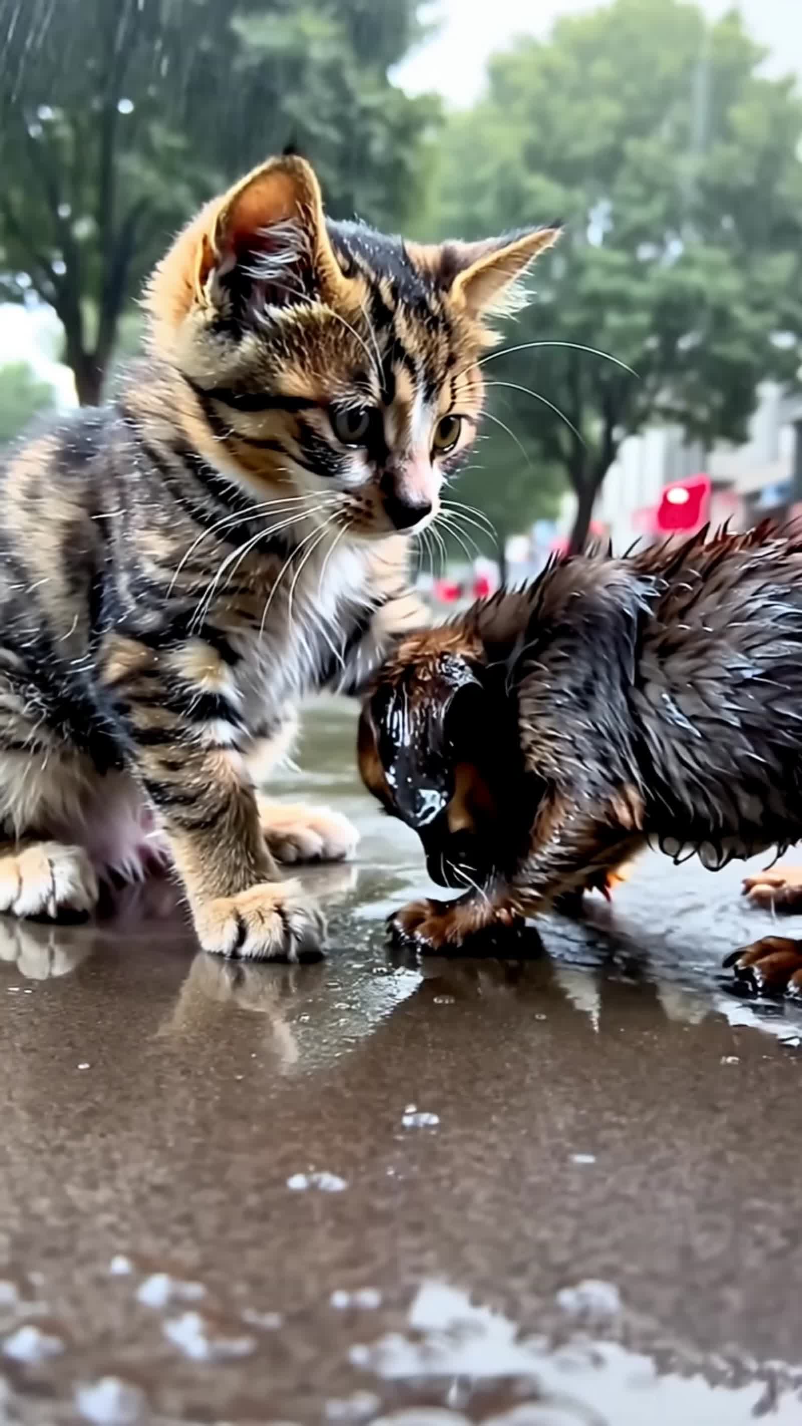 A tabby kitten is sitting on a busy street, in rain, close like hugging a wet puppy