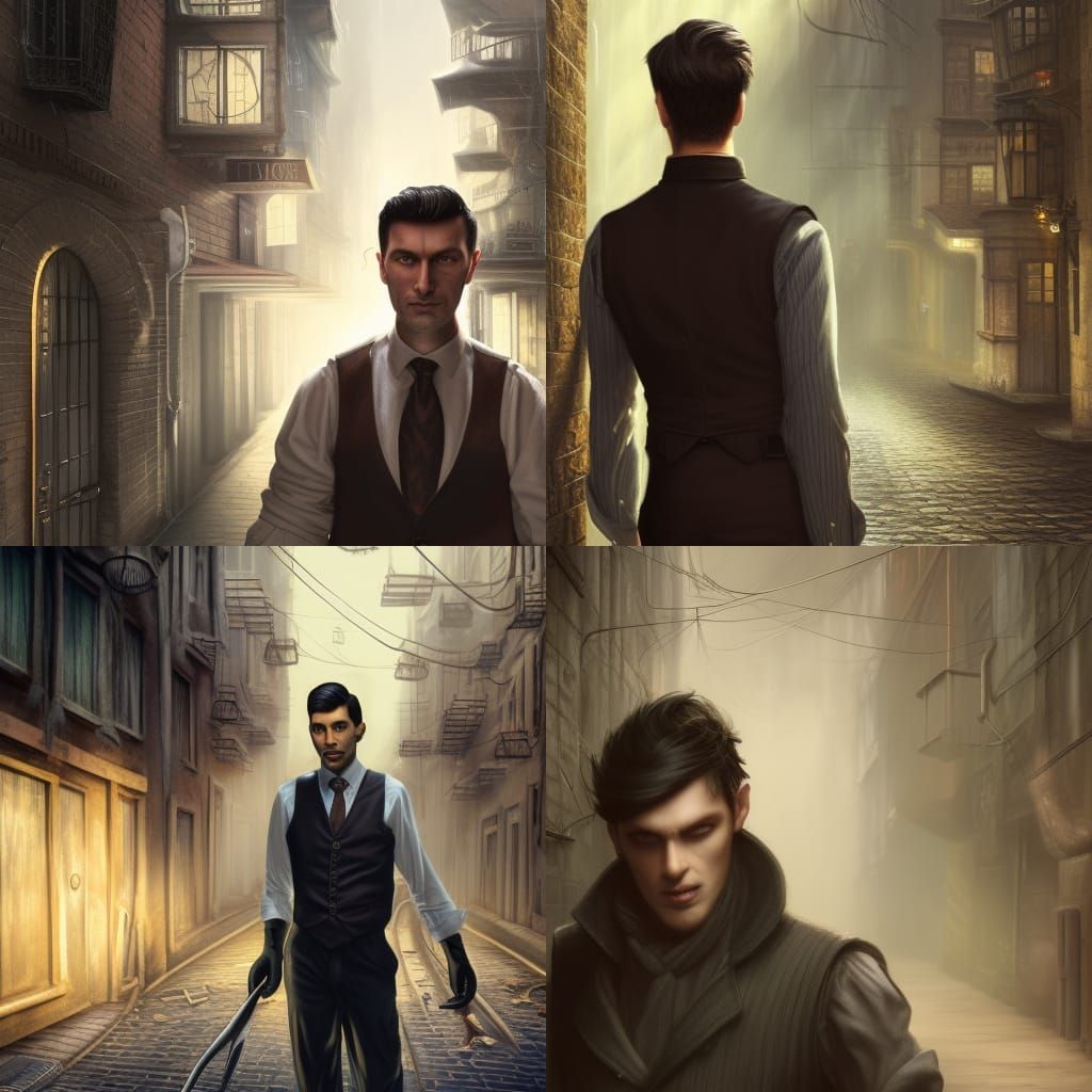 A closeup of a dark-haired man standing in the middle of an alleyway ...