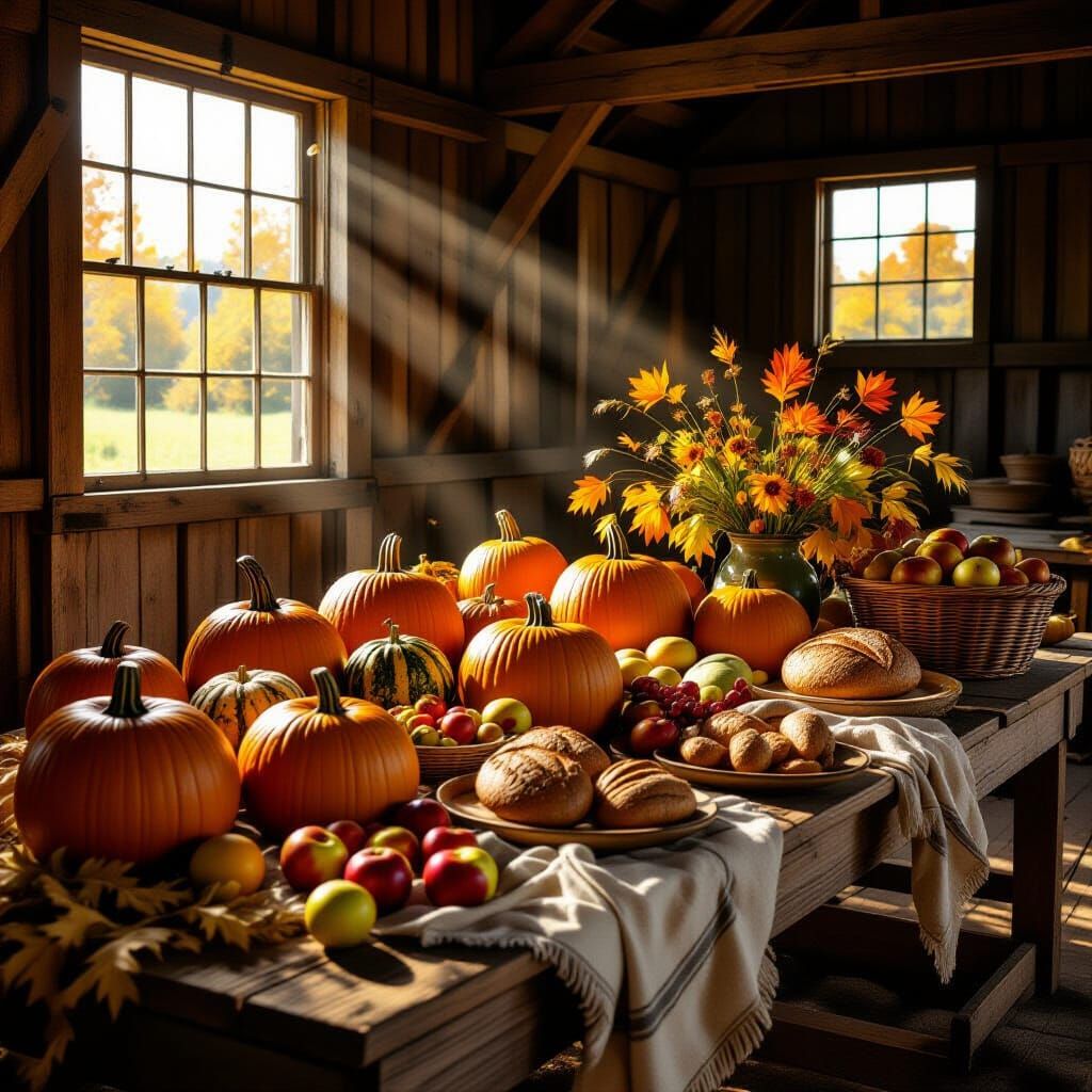 A bountiful harvest table laden with pumpkins, gourds, apples, and freshly baked bread, set in a rustic ...  by @Bushra