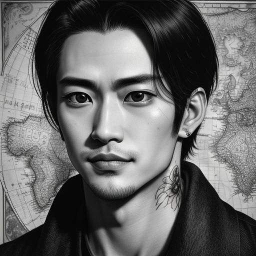 A portrait of a handsome man, mid 20s, with a map of Japan t...