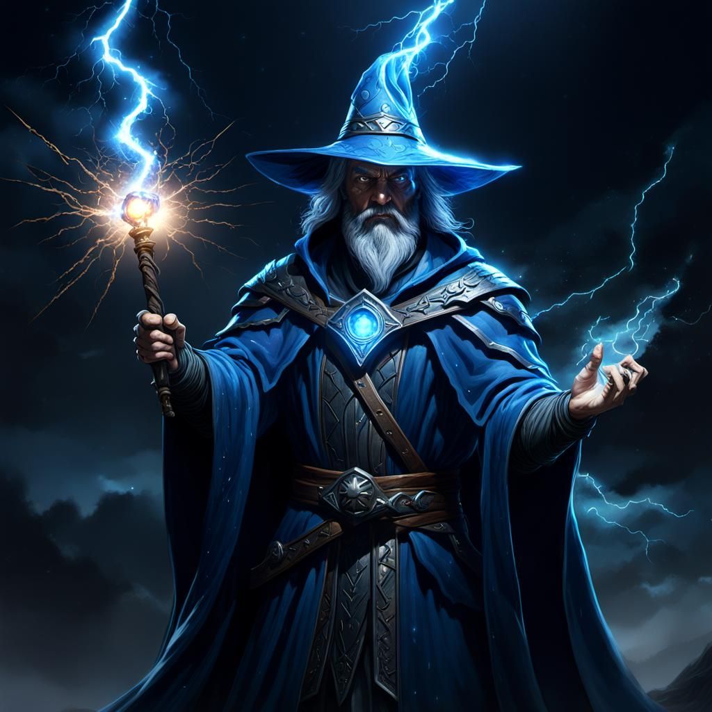 a dark wizard wearing blue robes and hat, wielding a crystal-tipped ...