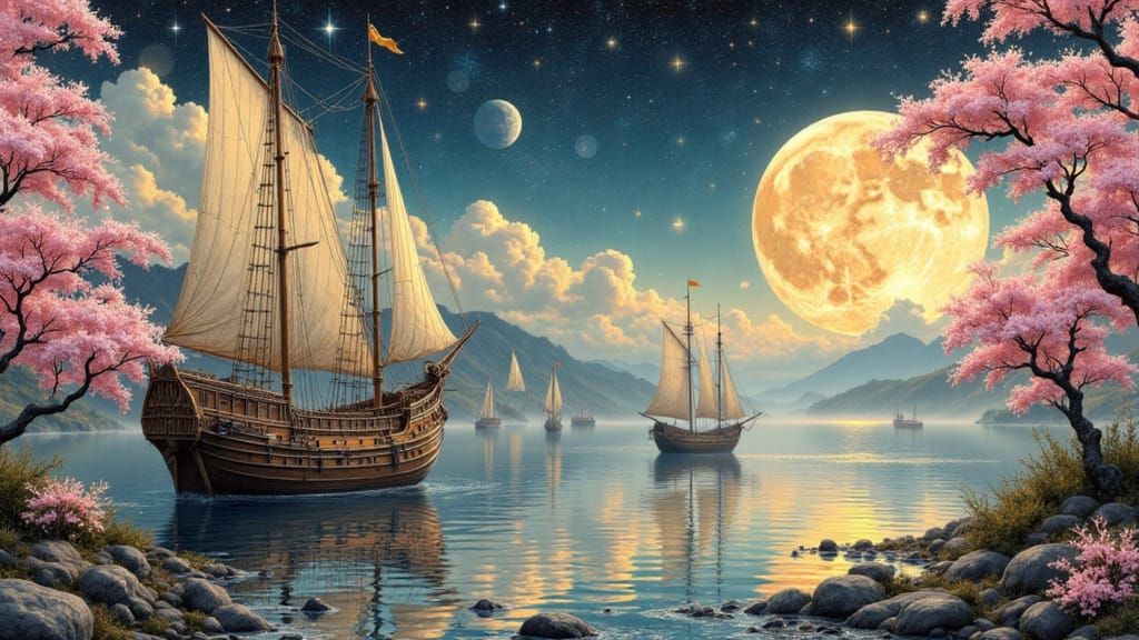 A fleet of viking ships sailing through a starry japanese landscape, blossom trees, Jean Baptiste Monge, Erin Hanson, Hokusai, Epic scale, h...